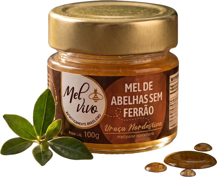 Pote de mel de Uruçu Nordestina da Mel Vivo, 100g, ao lado de um ramo de folhas verdes e gotas de mel